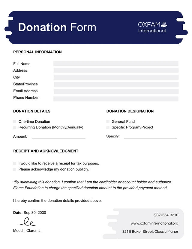 Blue and White Simple Donation Form Template