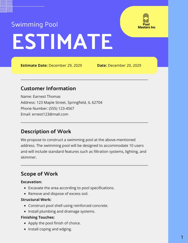 Swimming Pool Estimate Template - Venngage