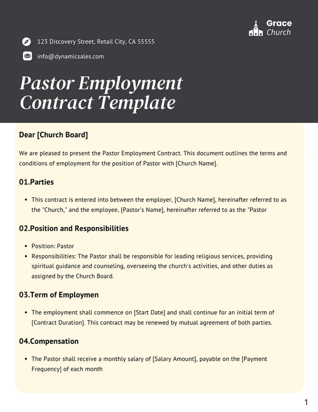 Pastor Employment Contract Template - page 1