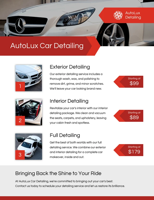 Simple Red Car Detailing Price Lists Template