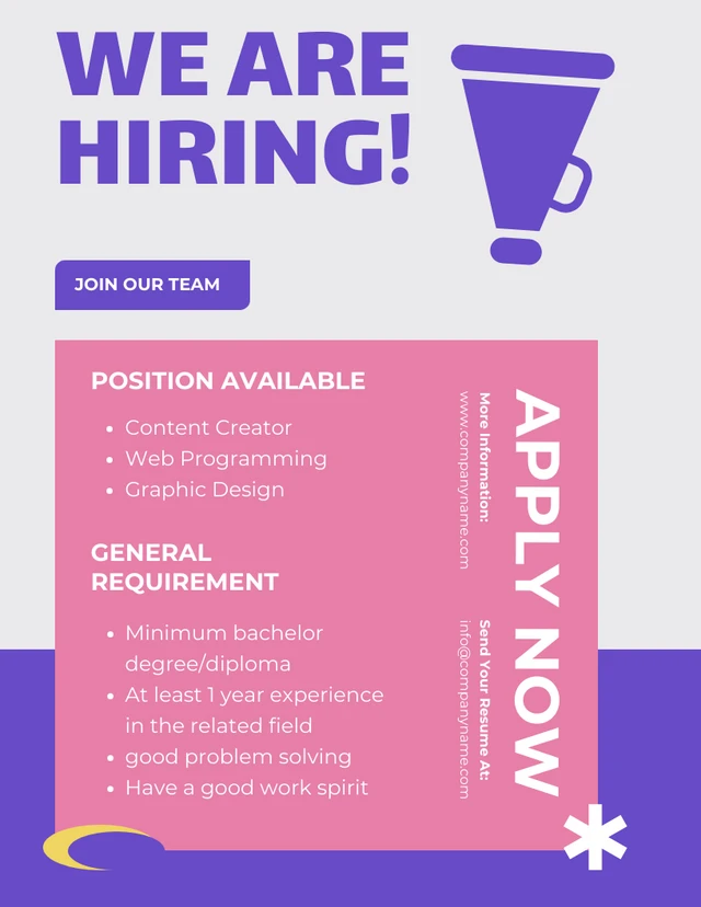 Purple And Grey Minimalist Hiring Recruitment Poster Template
