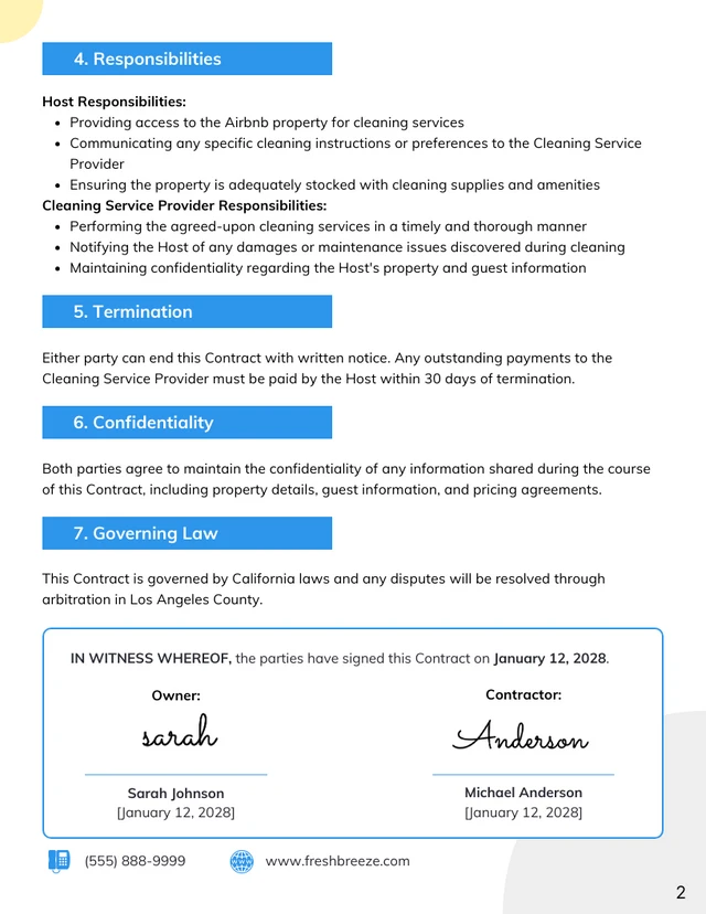 Airbnb Cleaning Contract Template - Page 2