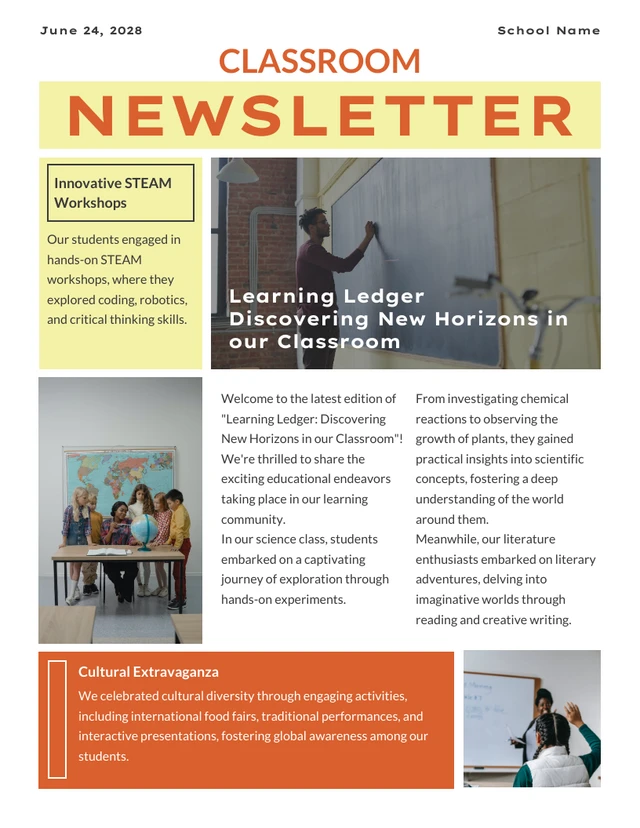 Soft Yellow And Orange Modern Classroom Newsletter Template