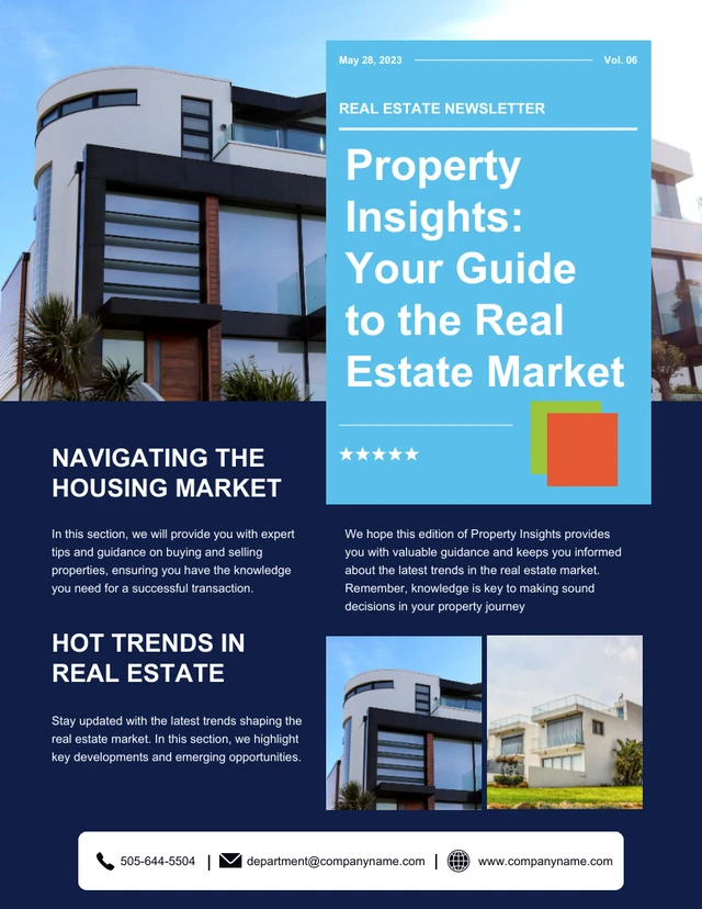 Blue simple modern property insights real estate newsletter Template