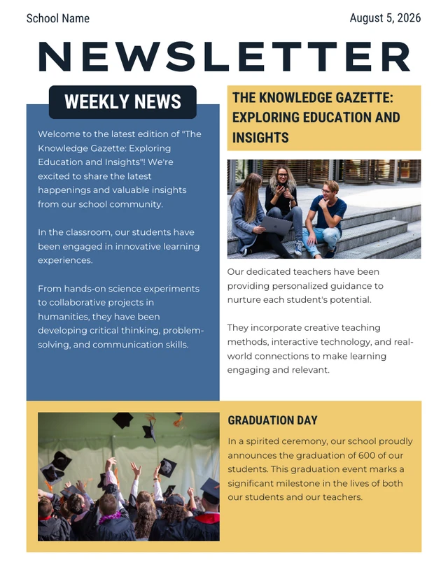 Blue And Yellow Modern School Newsletter Template