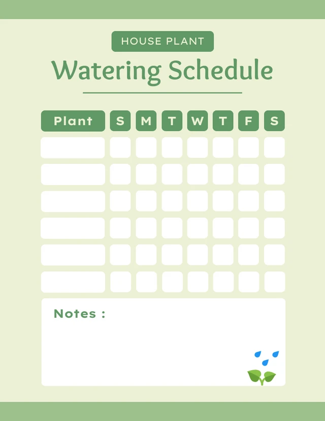 Light Green Simple House Plant Watering Schedule Template
