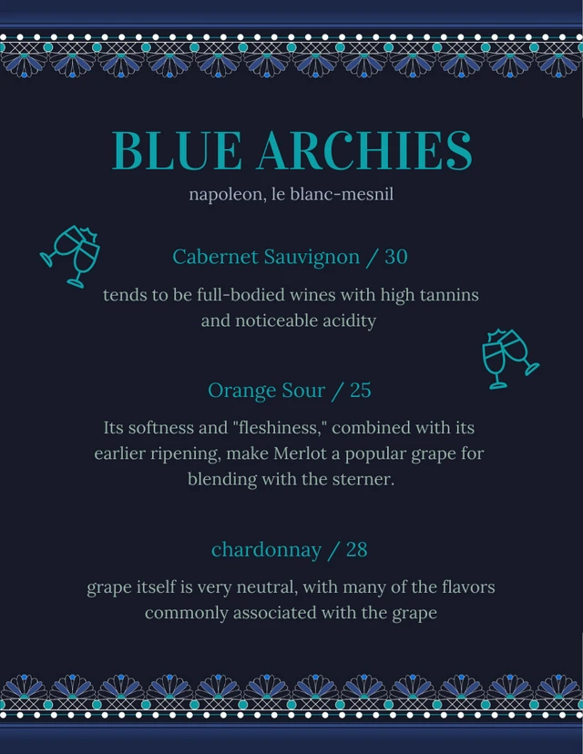 Dark Blue Classic Vintage Wine Menu Template