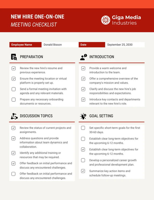 Modello di checklist per l'incontro individuale con i nuovi assunti