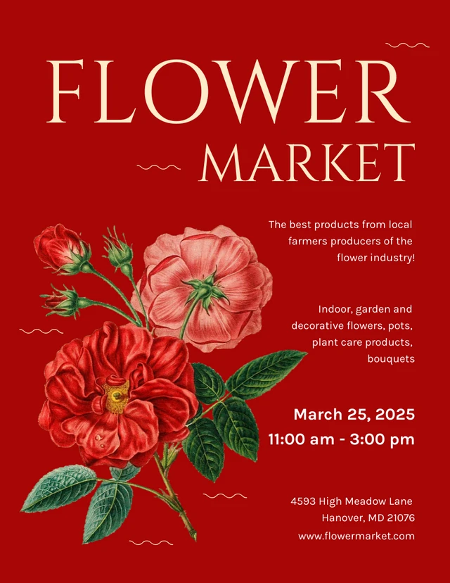 Rote moderne Retro-Luxus-Blumenmarkt-Blumenplakat-Vorlage