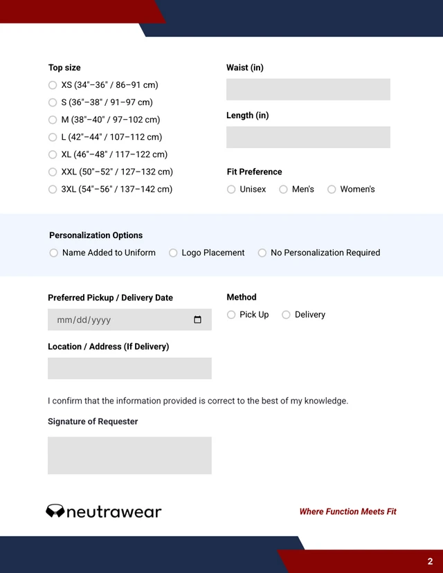 Uniform Order Form Template - Seite 2