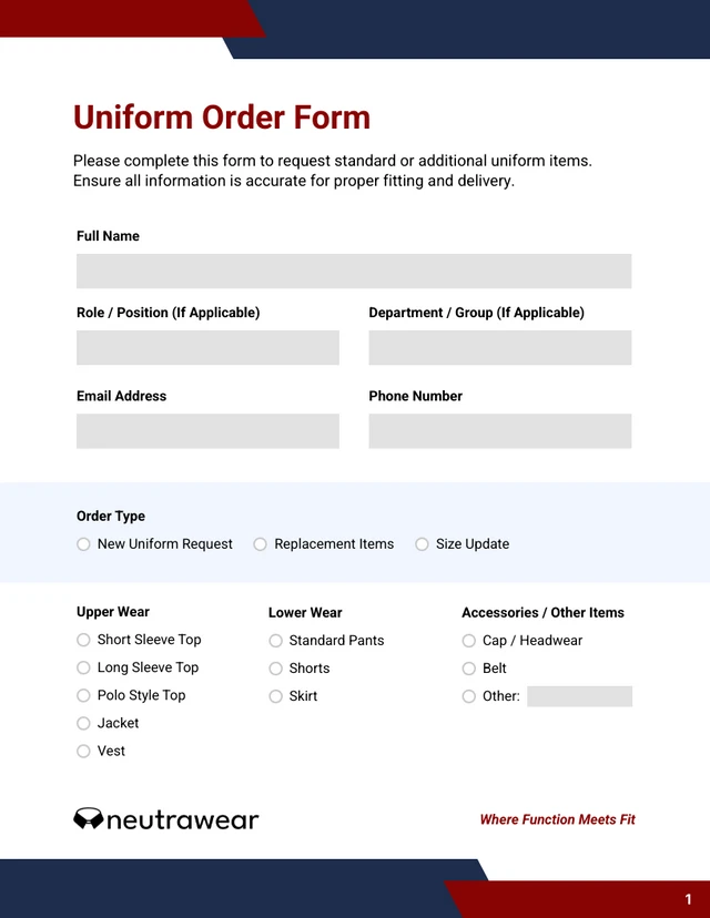 Uniform Order Form Template - Seite 1
