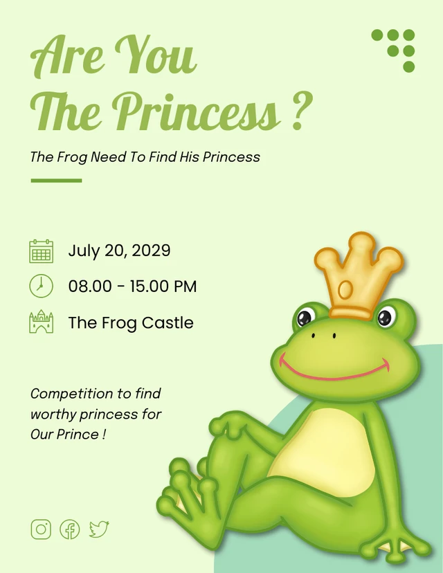 Green Minimalist Cute Illustration Frog Princess Invitation Template
