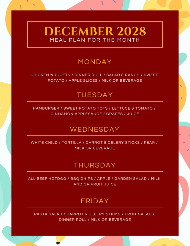 Red Playful Meal Plan Monthly Menu Template