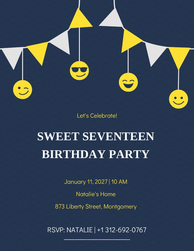 Modèle d'invitation à une fête d'anniversaire avec des bruants jaunes et bleus