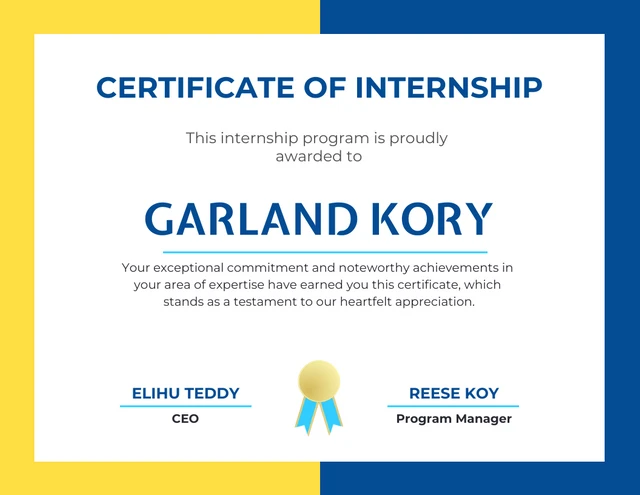 Yellow And Navy Simple Internship Certificate Template