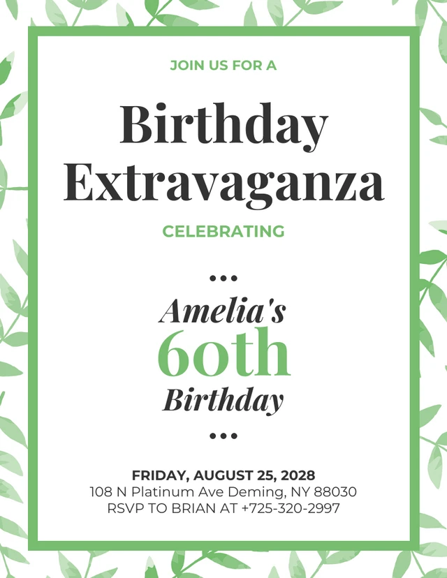White And Green Floral Watercolor 60th Birthday Invitation Template