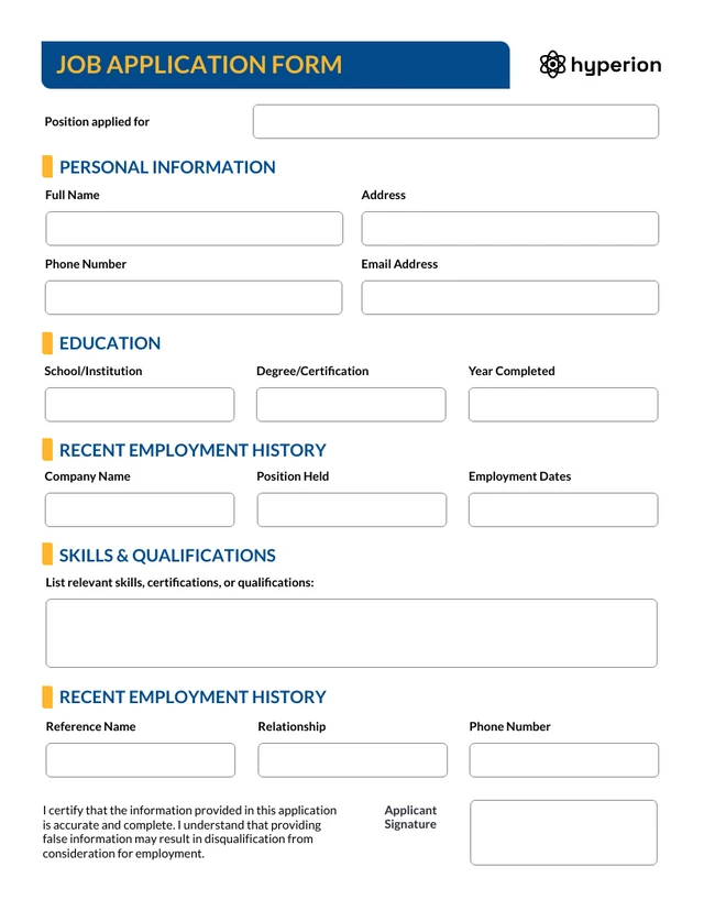 Blue and Yellow Professional Job Application Forms Template