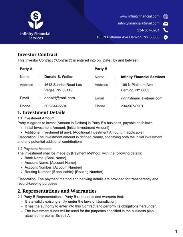 Navy Blue Minimalist Modern Simple Investor Contracts - Page 1