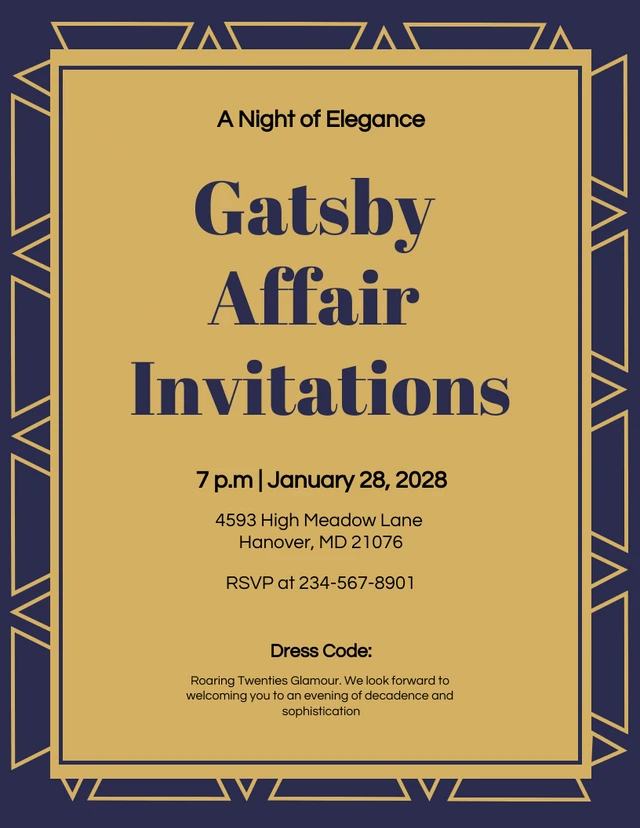 Modèle d'invitations à l'affaire Gatsby d'élément décoratif bleu marine et or