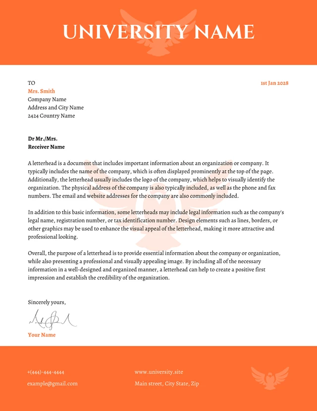 White And Orange Simple Professional University Letterhead Template