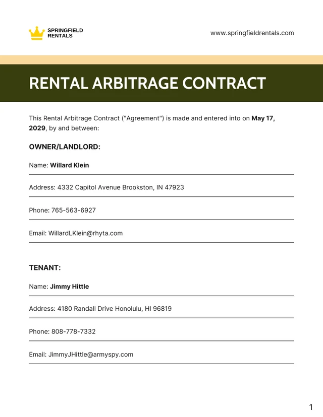 Rental Arbitrage Contract Template - Page 1