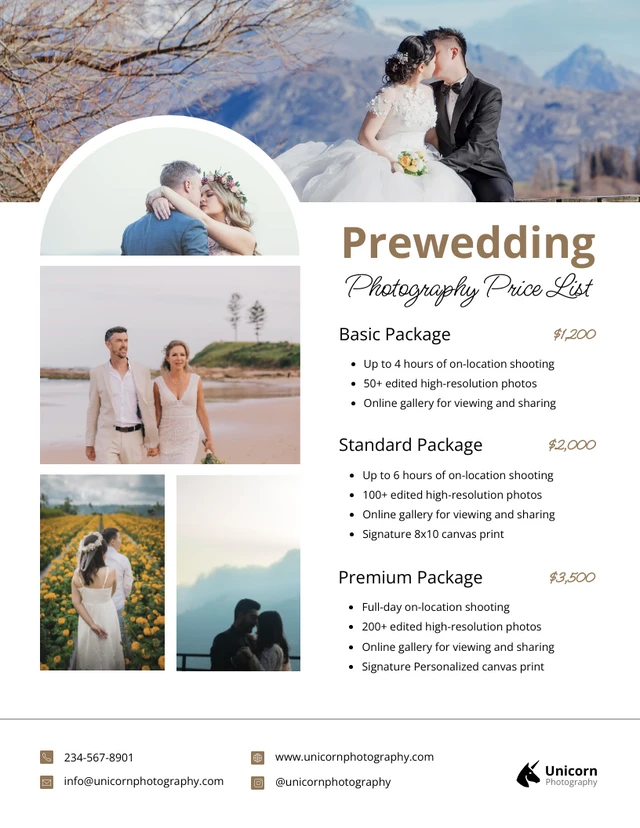 Plantilla minimalista y elegante para lista de precios de fotógrafo previo a la boda