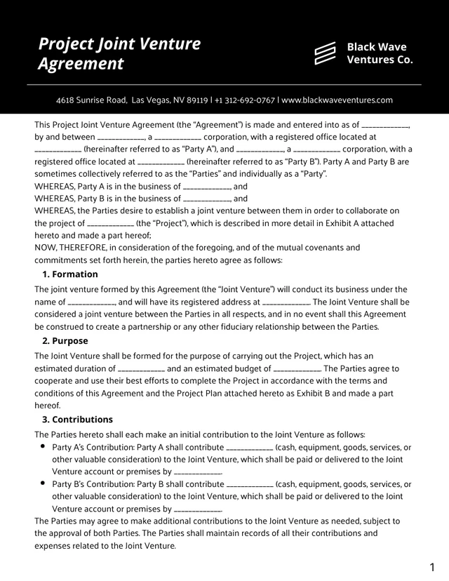 Black and White Project Joint Venture Agreement - Page 1