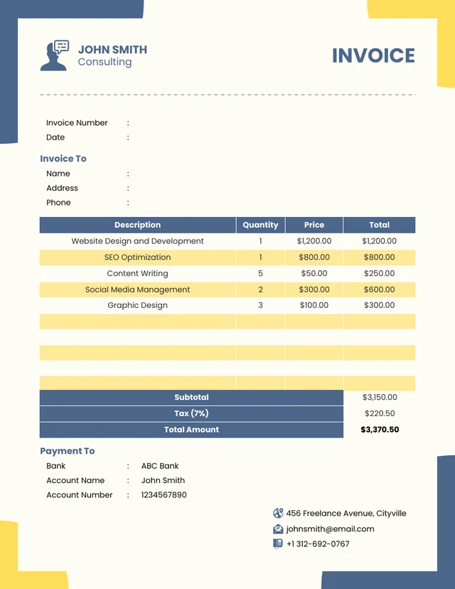 Blue and Yellow Minimalist Self-employed Invoice Template