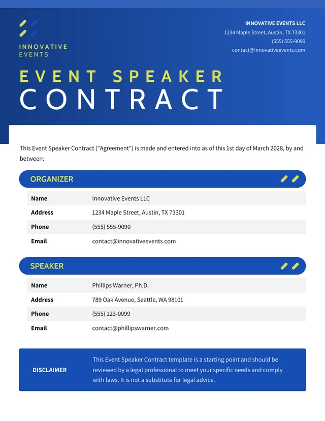 Event Speaker Contract Template - page 1