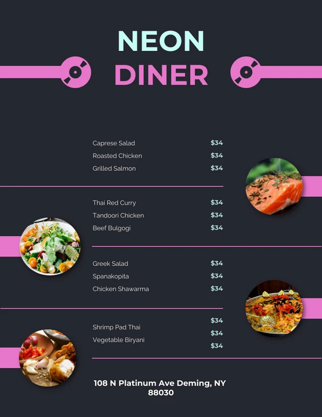 Modèle de menus de restaurant au néon