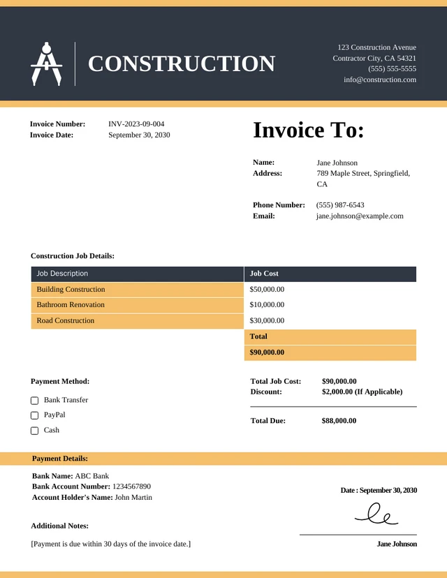 Clean Simple Minimalist Design Construction Invoice Template