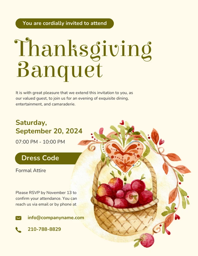 Modèle d'invitation au banquet de Thanksgiving crème et vert