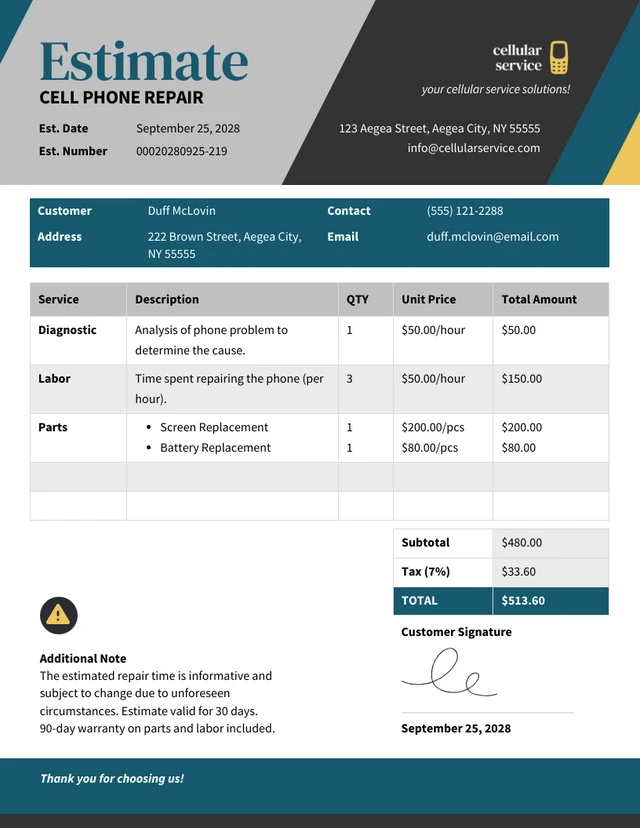 Plantilla de estimación de reparación de teléfonos móviles