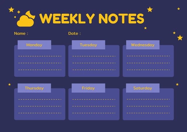 Azul Púrpura Ilustración Moderna Plantilla de Horario de Notas Semanales