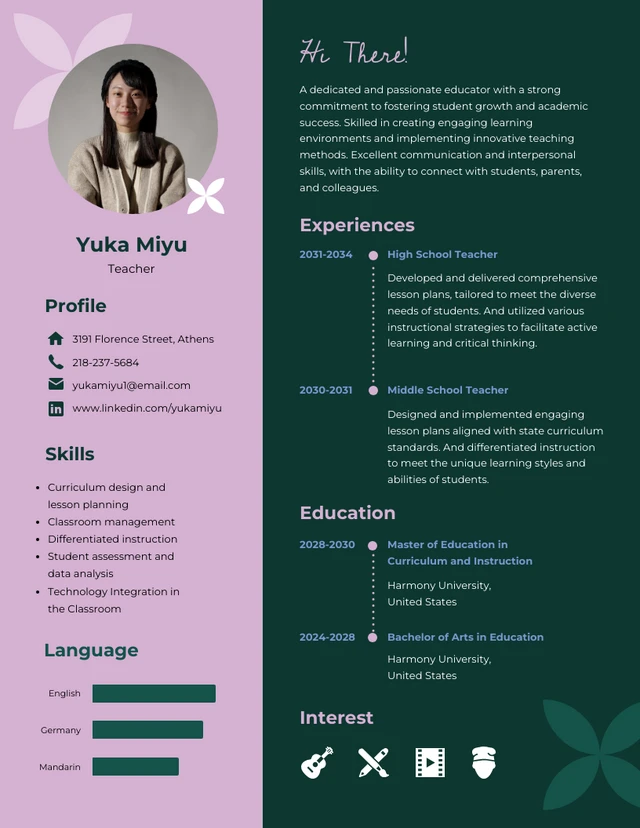 Green and Pink Teacher Academic Resume Template