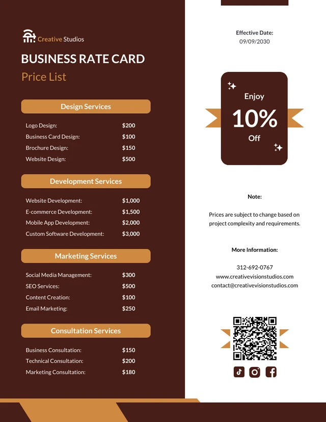 Business Rate Card Price List Template