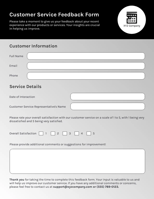 Black And White  Simple Customer Service Form Customer Service Form Template