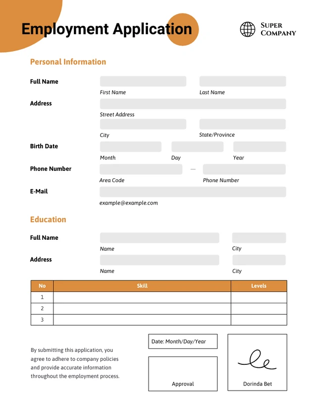 Simple Orange Employment Forms Template