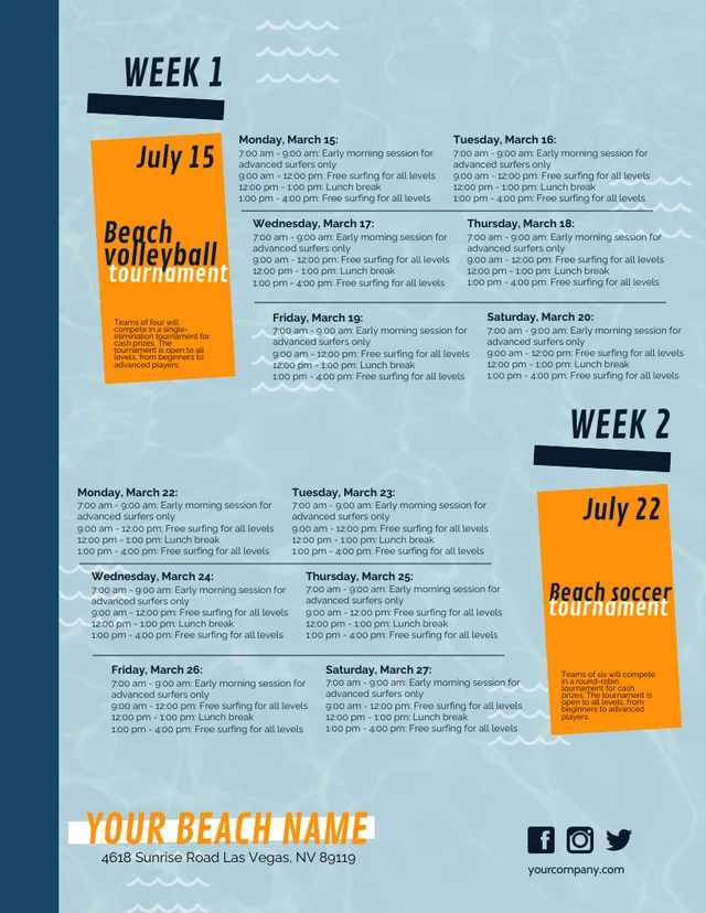 Blue Wave Weekly Event of The Beach Schedule Template