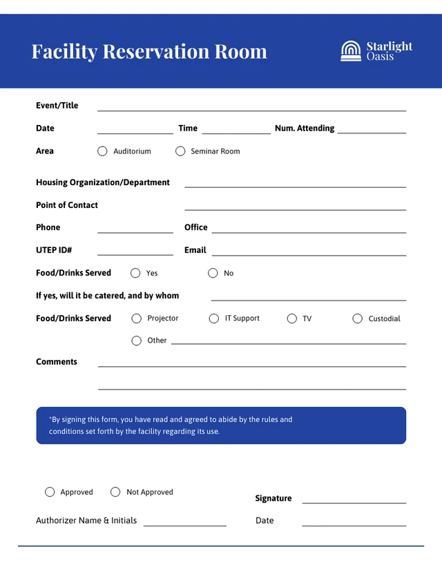 Simple Blue Reservation Form Template