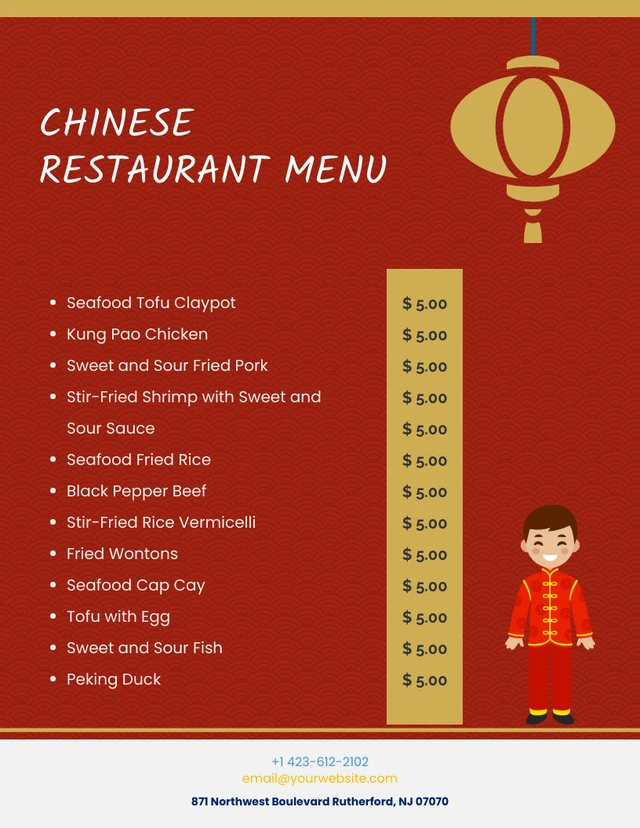 Modèle de menus chinois rouge et or avec fond de motif