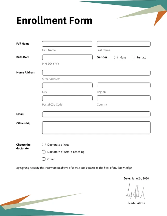 Green and Orange Simple Enrollment Forms Template
