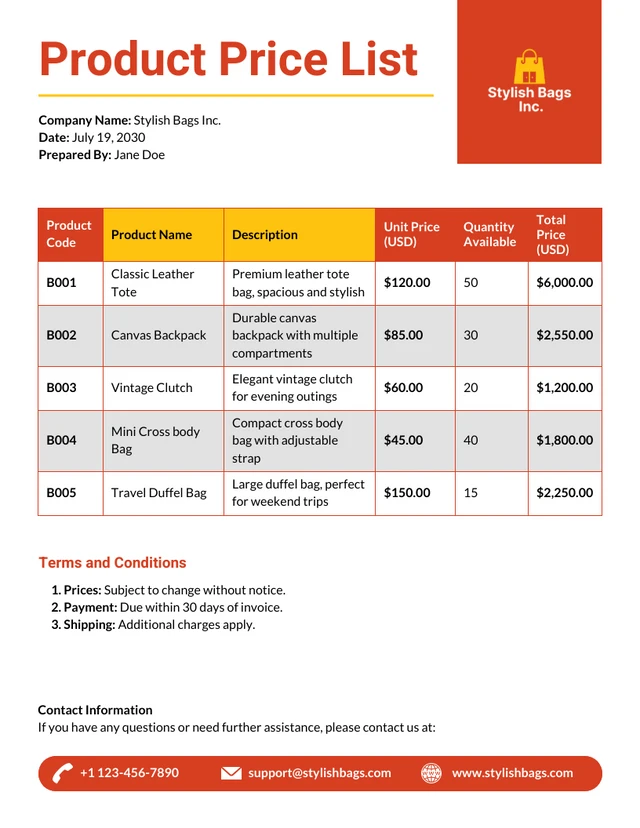 Product Price List Template