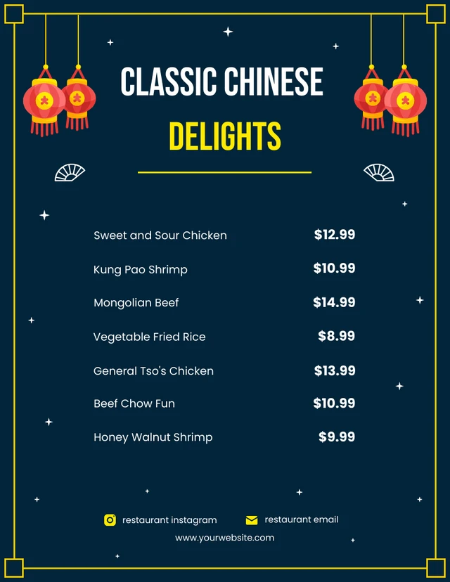 Modèle de menu de cuisine chinoise bleu marine de minuit