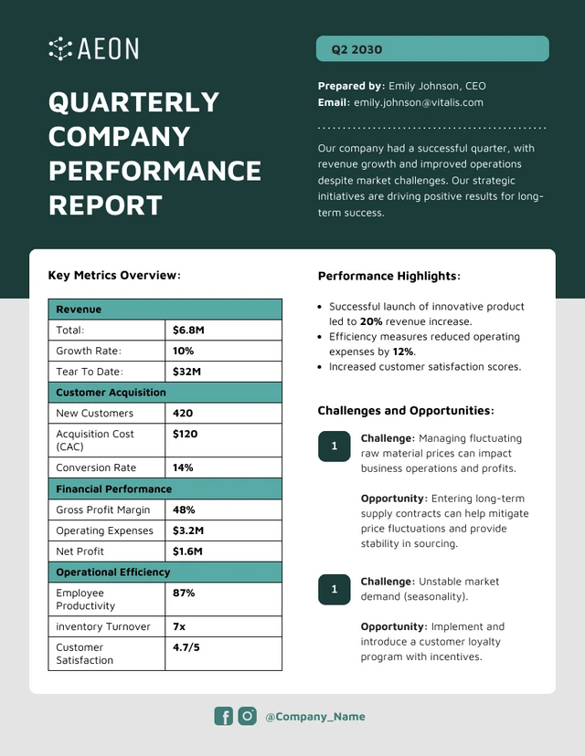 Modèle de rapport de performance trimestriel personnalisable de l'entreprise