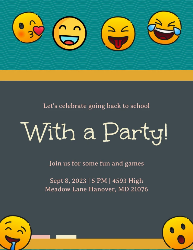 Modèle de fête Emoji d'invitation au tableau noir d'école amusante