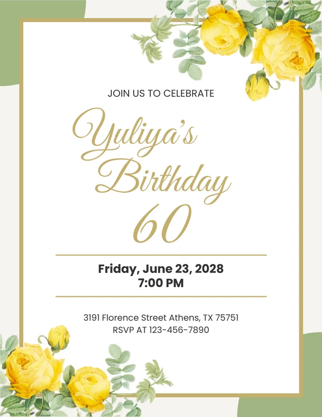 Beige And Light Green Modern Floral 60th Birthday Invitation Template