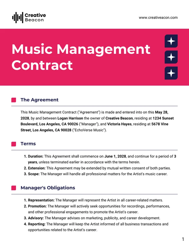 Music Management Contract Template - page 1