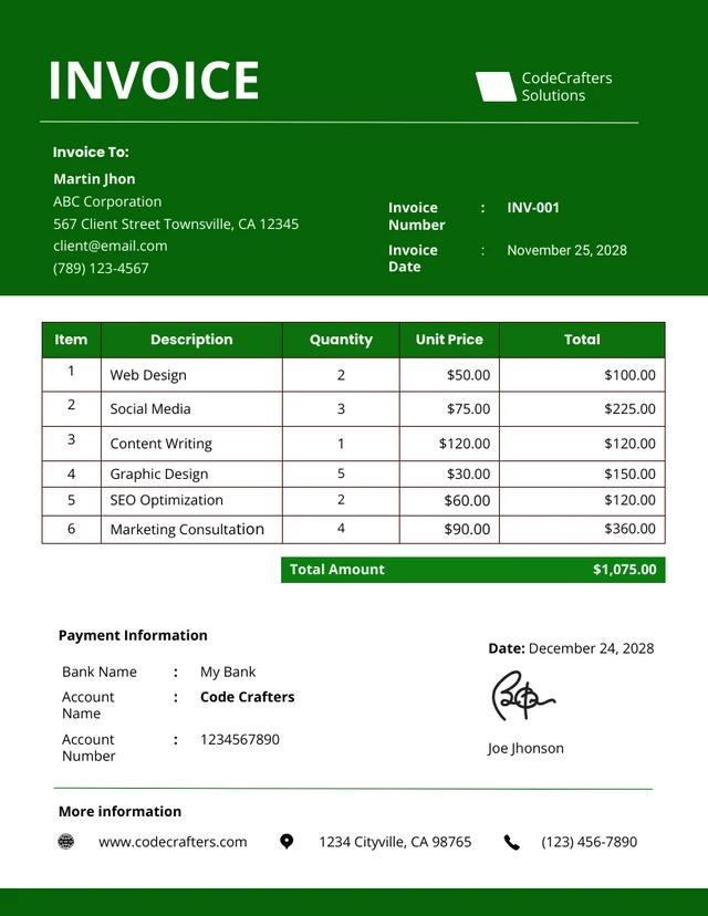 Simple Green Self-employed Invoice Template