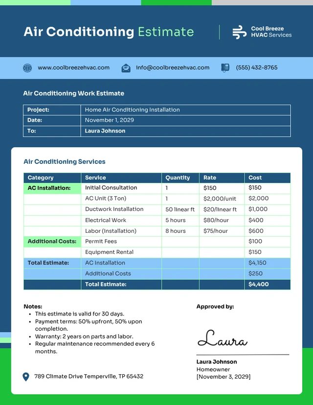 Plantilla de estimación de aire acondicionado